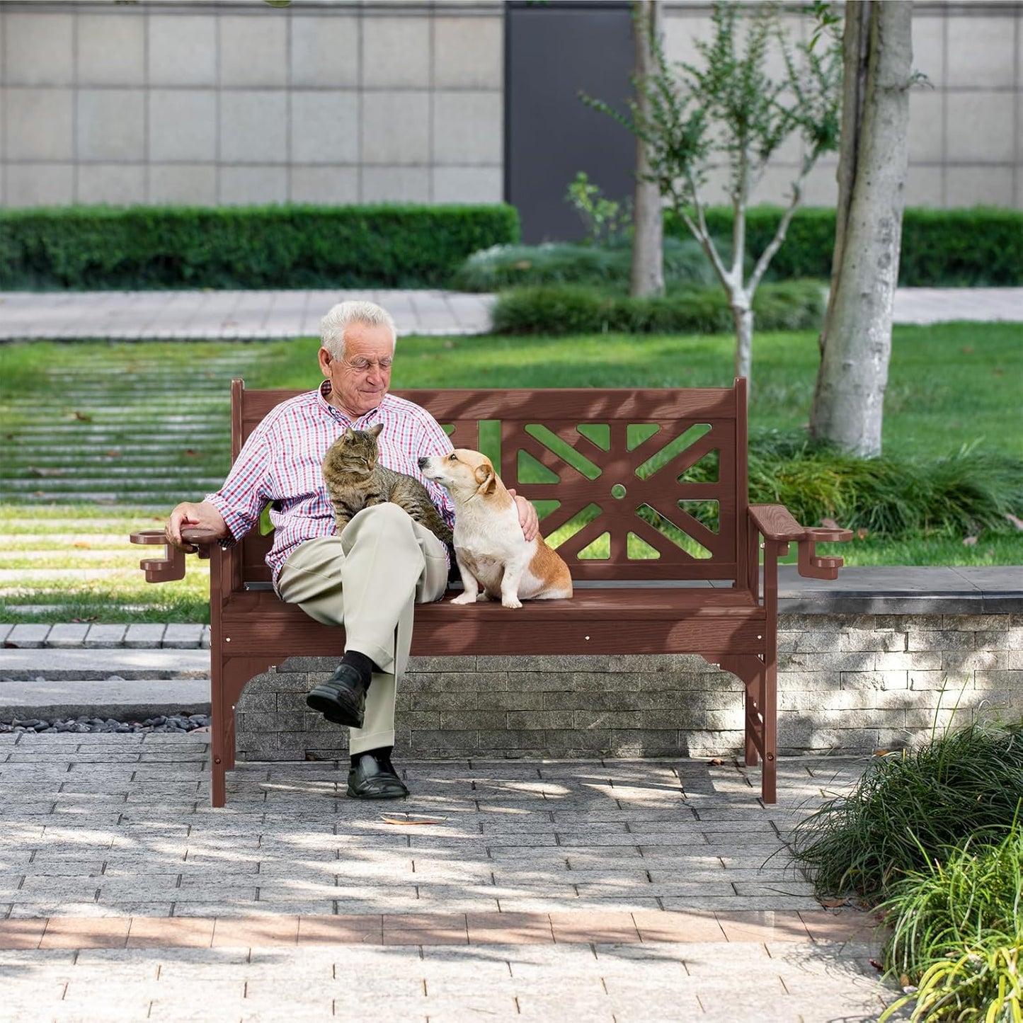 nalone Outdoor Bench with Cup Holders, HDPE All Weather Porch Bench Load up to 800 Lbs, 2-Person Garden Benches Rot-Proof Fade Proof for Patio, Porch, and Park (Brown)