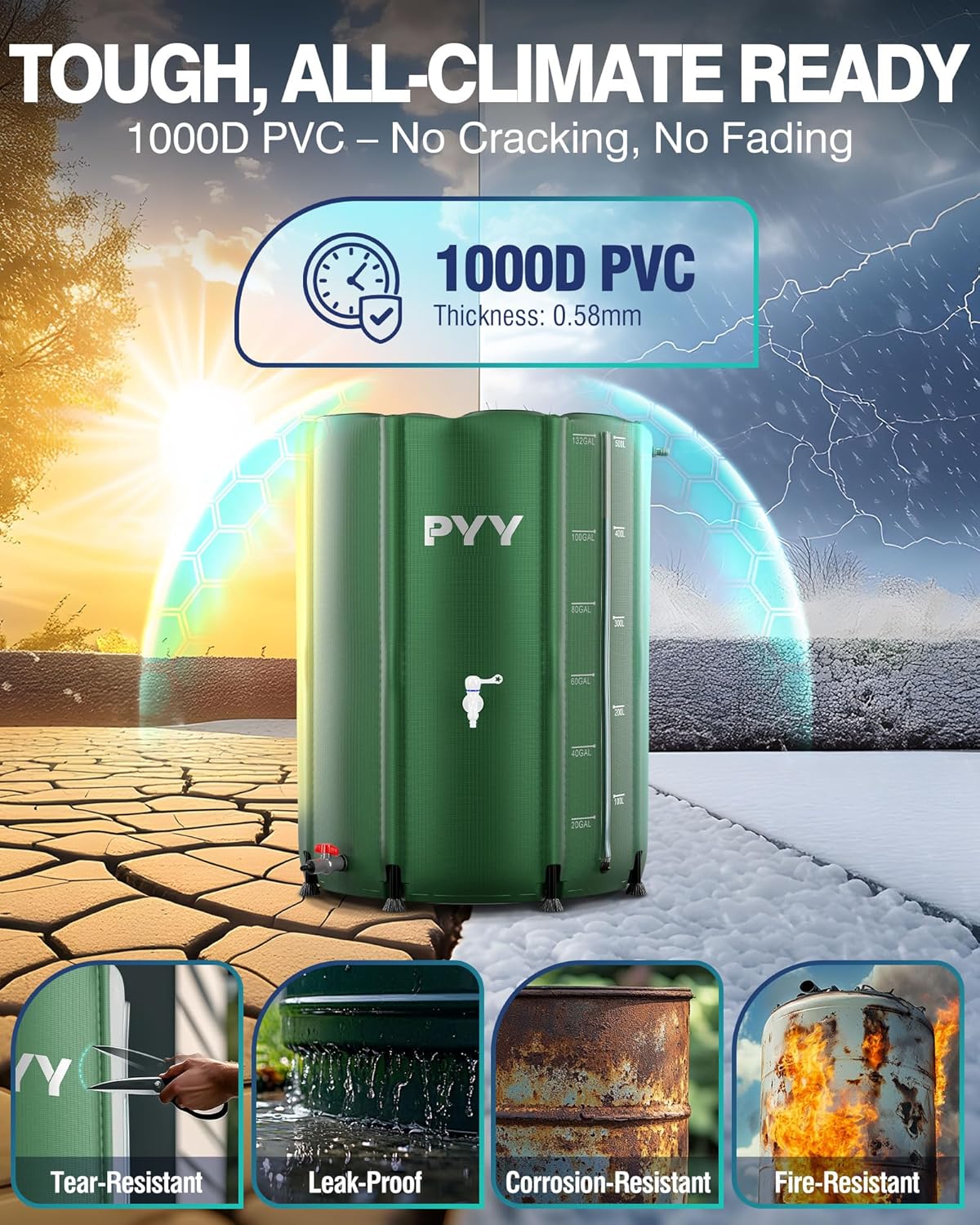 PYY Rain Water Collection Barrel - 132 Gallon Green Water Storage Tank with Spigots, Hose and Portable Bucket, Large Plastic Collapsible Rain Catcher Catchment System to Collect Rainwater from Gutter