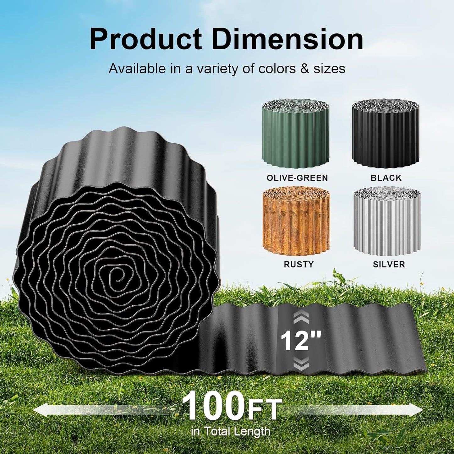 Land Guard Corrugated Garden Edging Border, 12" × 100' Landscape Paver Edging, Tall Landscape Edging, Fence for Garden, Flower Bed, Lawn and Landscape Edging (Black)