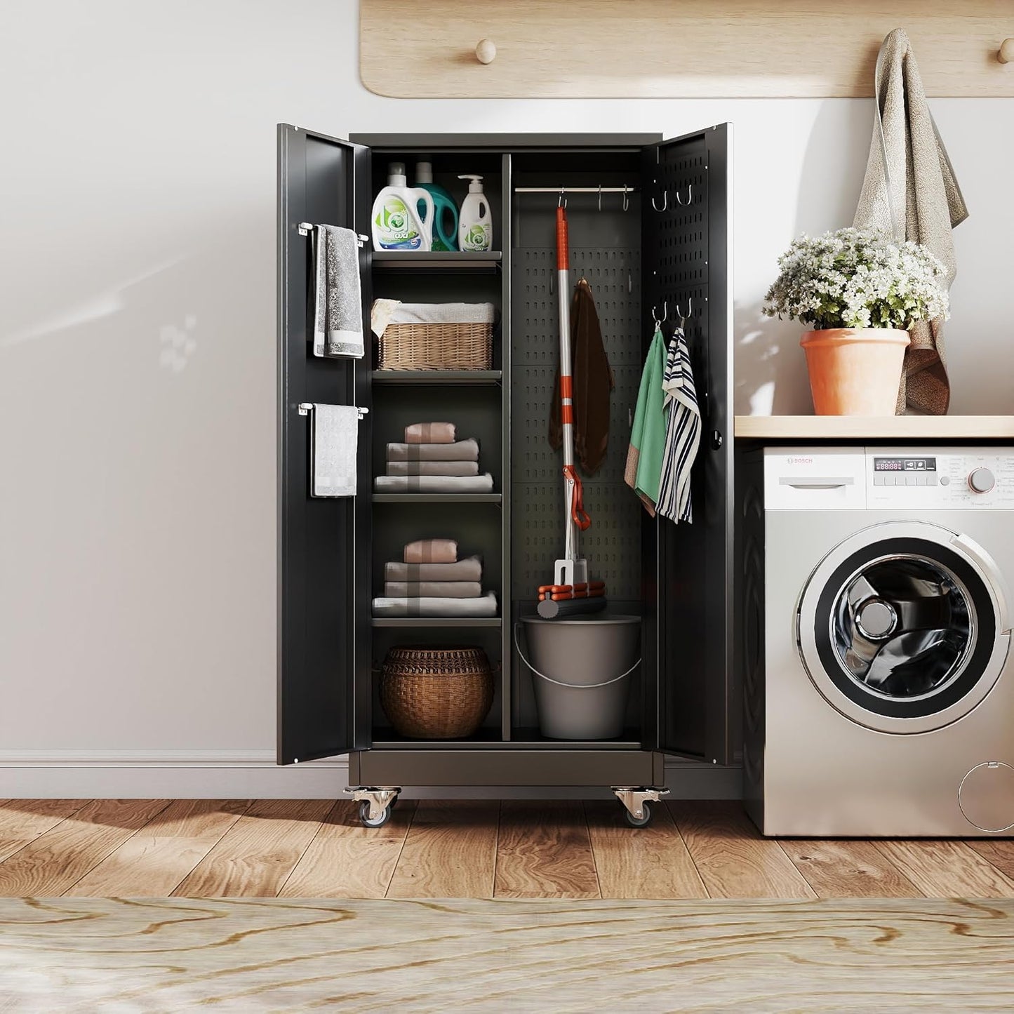 27.6 in Wide Garage Storage Cabinet with Wheels, Metal Storage Cabinet with Pegboards and 4 Adjustable Shelves, Garage Storage System with Lockable Door for Offices, Gyms and Pantries, Black