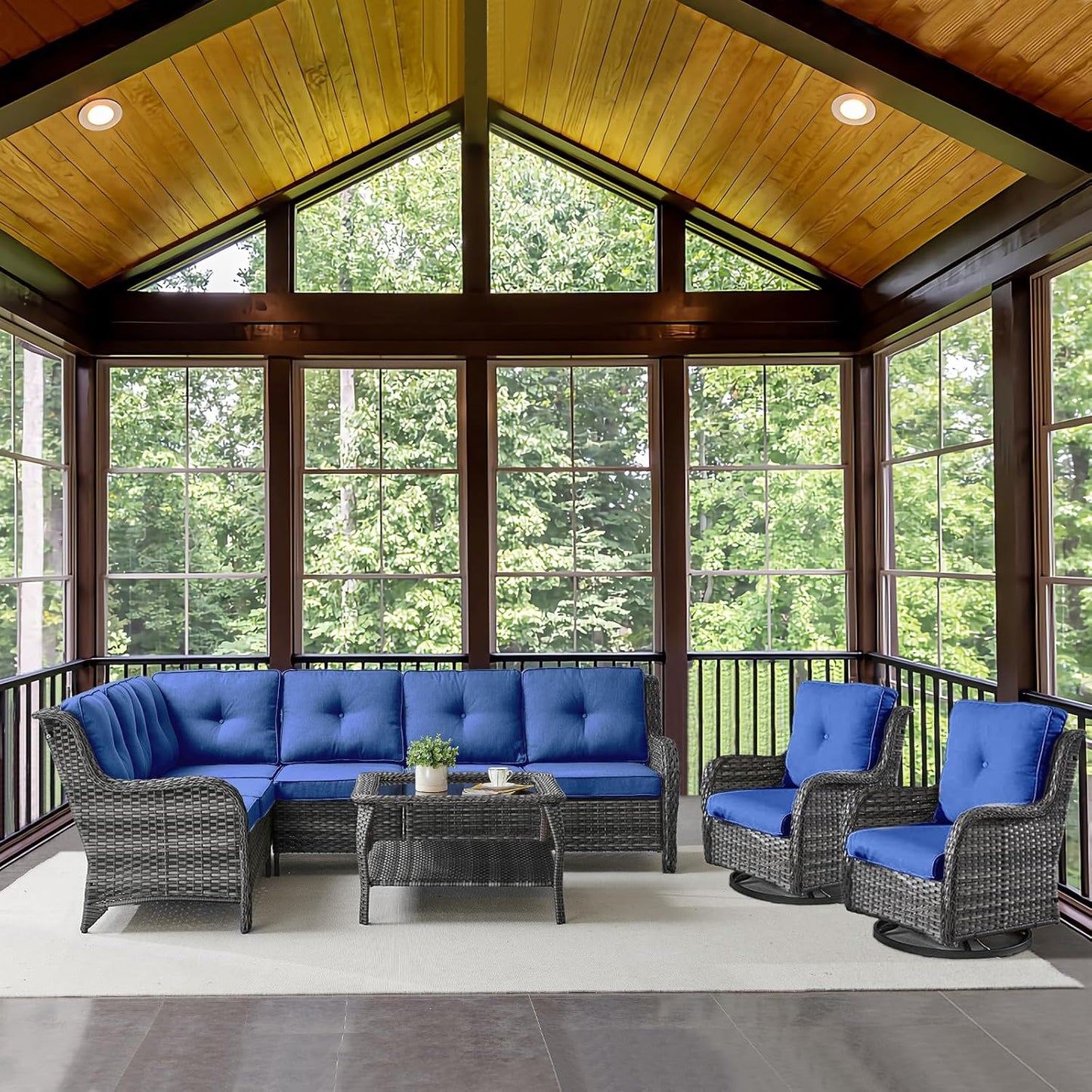 Outdoor Furniture Sectional Sofa L Shaped Couch - Patio Wicker Set with 2 Swivel Glider Chairs, 5 Piece Rattan Patio Conversation Sets with Blue Cushion for Deck Backyard Sunroom
