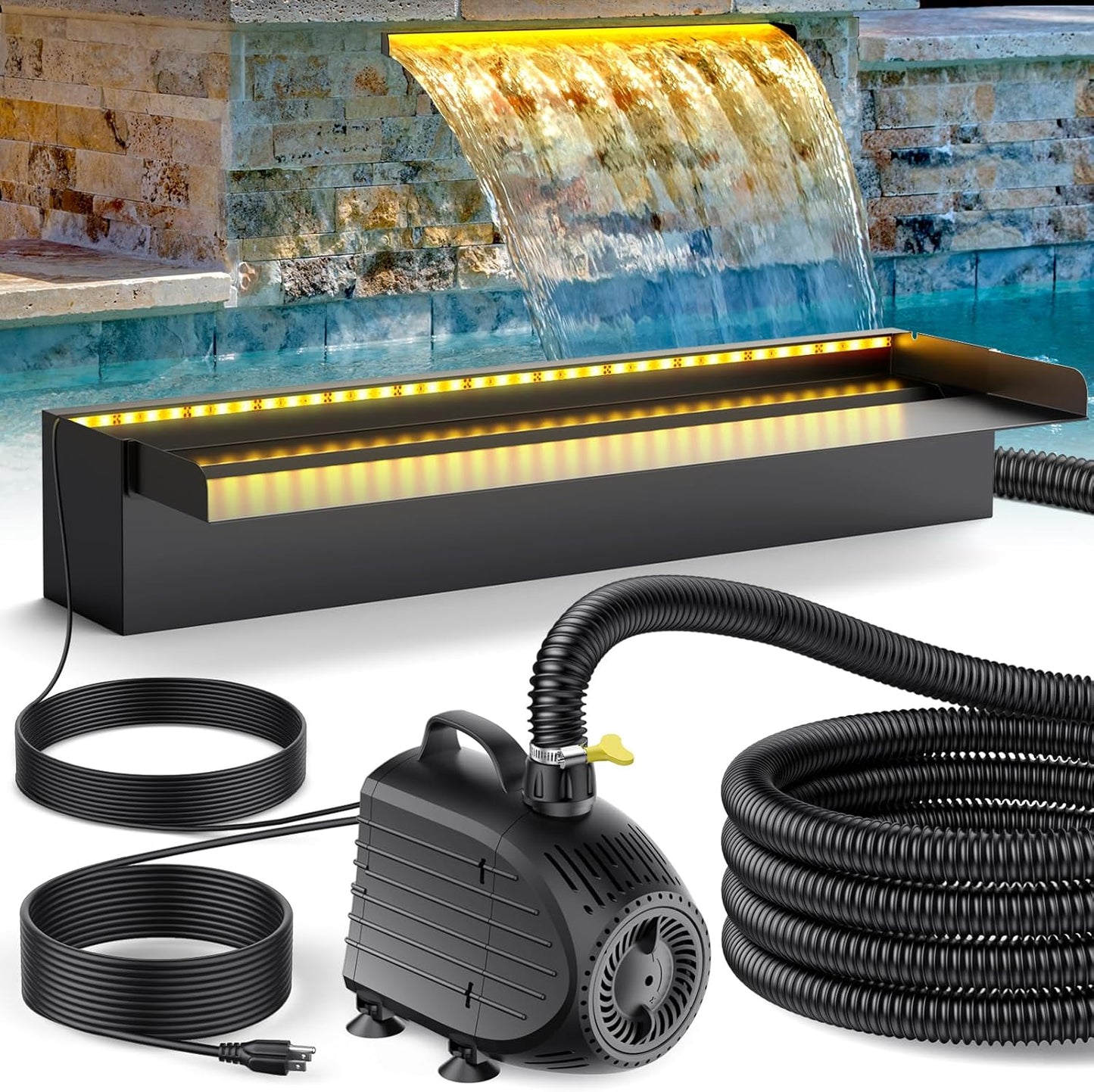 POPOSOAP 24Inch Pond Waterfall Spillway with Warm LED Light,304 Stainless Steel Waterfall Kit with 80W 1200GPH Pump & 9.8FT Corrugated Tube for Garden Decor Indoor/Outdoor Pond-P46D