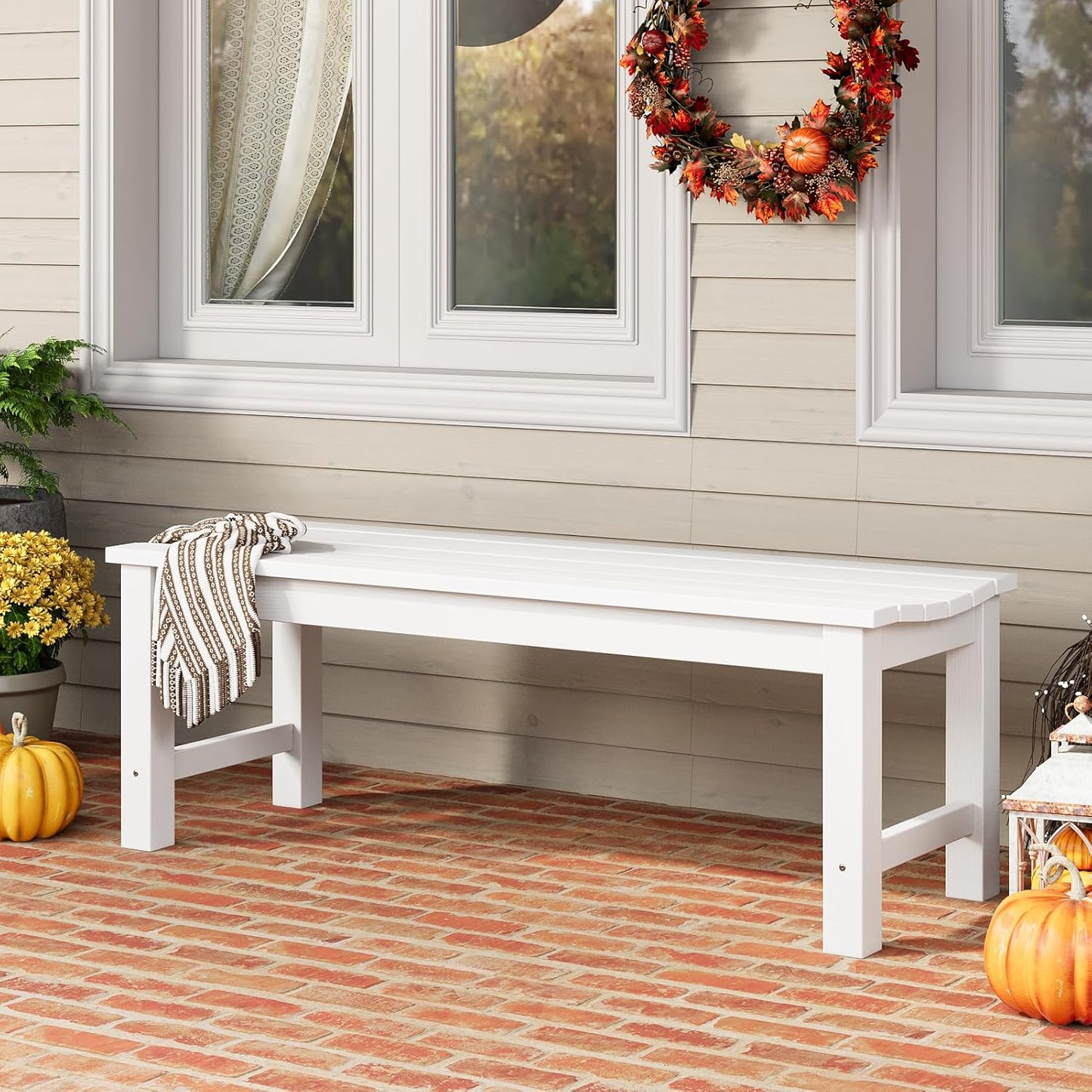 Outdoor Bench Set of 2, 2-Person Patio Backless Benches, HIPS Weatherproof Garden Bench That Never Rot and Fade, Suit for Backyard, Church, Patio, Deck and Entryway (White)