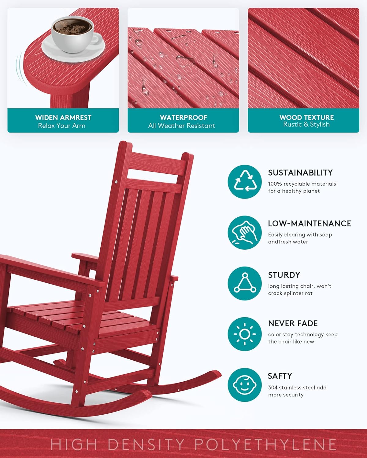 SERWALL Oversized Rocking Chair, Outdoor Rocking Chair Set for Adults, All Weather Resistant Porch Rocker for Lawn Garden, Red