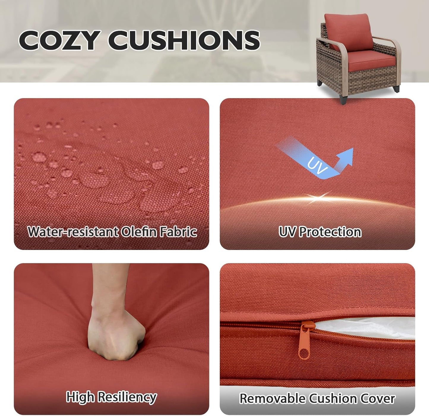 EAGLE PEAK Modern Wicker Outdoor Chair, Patio Chair Curved Armrest, Rattan Patio Furniture for Yard Deck Porch Garden, 2 Chairs 2 Ottomans, 4 Pieces, Brown/Red