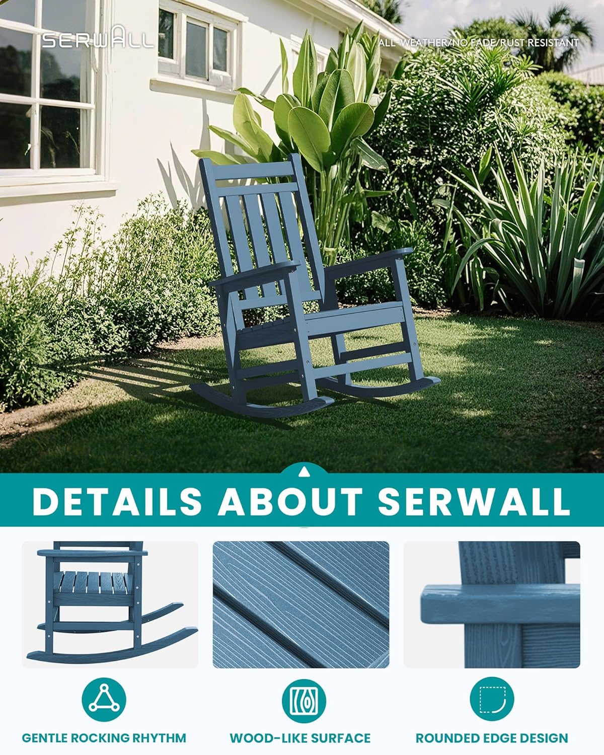 SERWALL Oversized Outdoor Rocking Chair Set of 4, HDPE Rocker for Adults, Patio Rocking Chairs for Porch, Blue