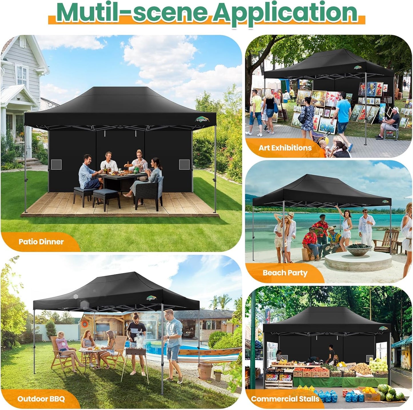 COBIZI 10x15 Heavy Duty Pop up Canopy Tent with 4 sidewalls Commercial Outdoor Canopy Wedding Party Tents for Wedding All Season Wind & Waterproof Gazebo with Carry Bag, Black(Frame Thickened)