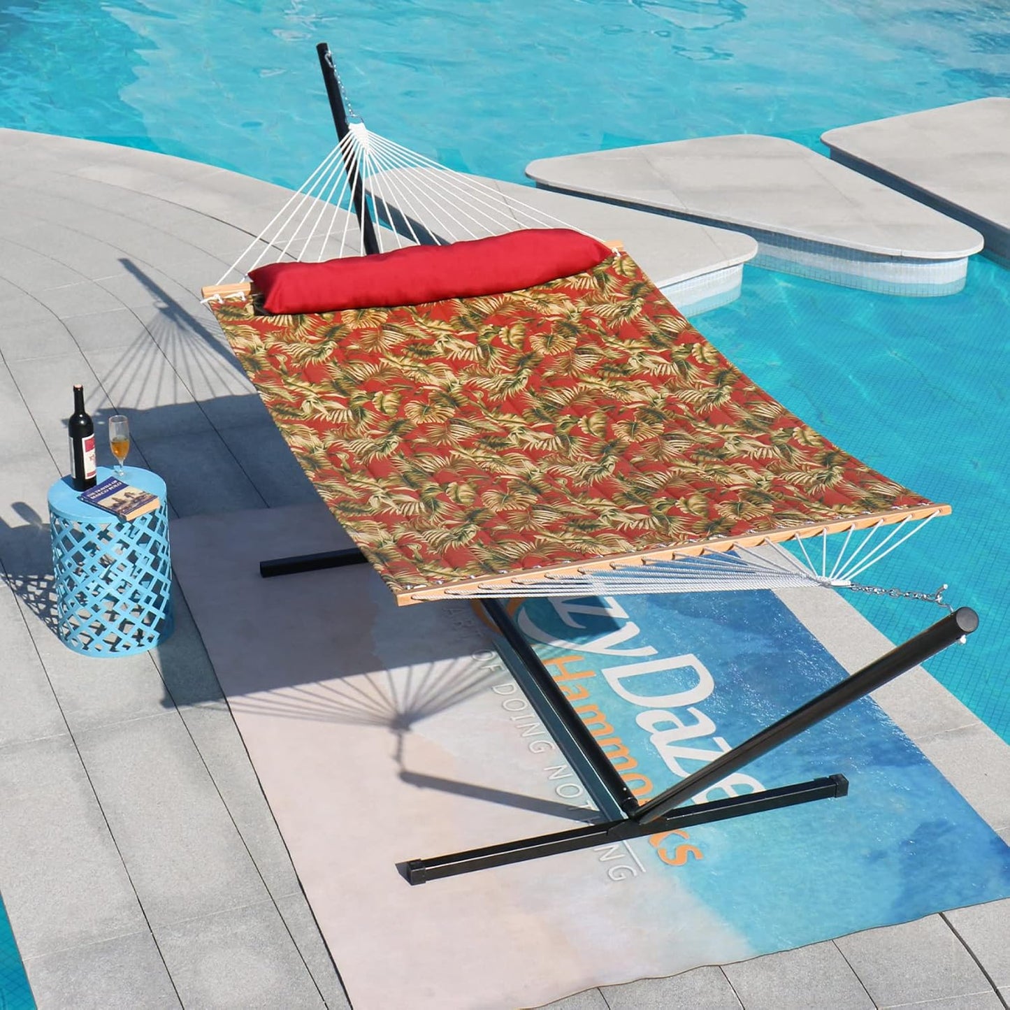 Lazy Daze Quilted Fabric Hammock with Spreader Bar, 2-Person Double Hammock for Outside Patio Poolside Backyard Beach, 450 lbs Capacity, Red Leaf
