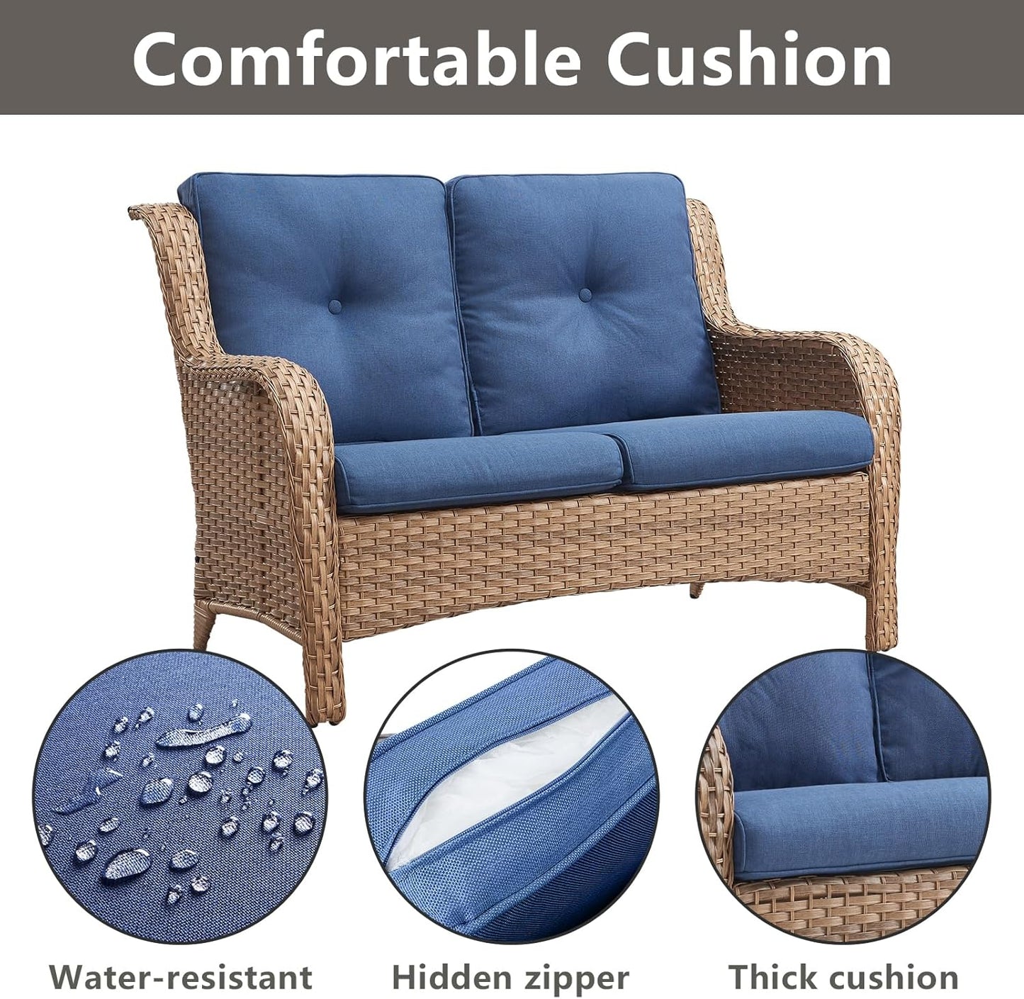 Outdoor Wicker Patio Furniture Set - 6 Piece Rattan Patio Conversation Set with 2 Rocking Swivel Chairs,2 Ottomans,1 Loveseat and 1 Coffee Table for Porch Deck Backyard Garden(Yellow/Blue)