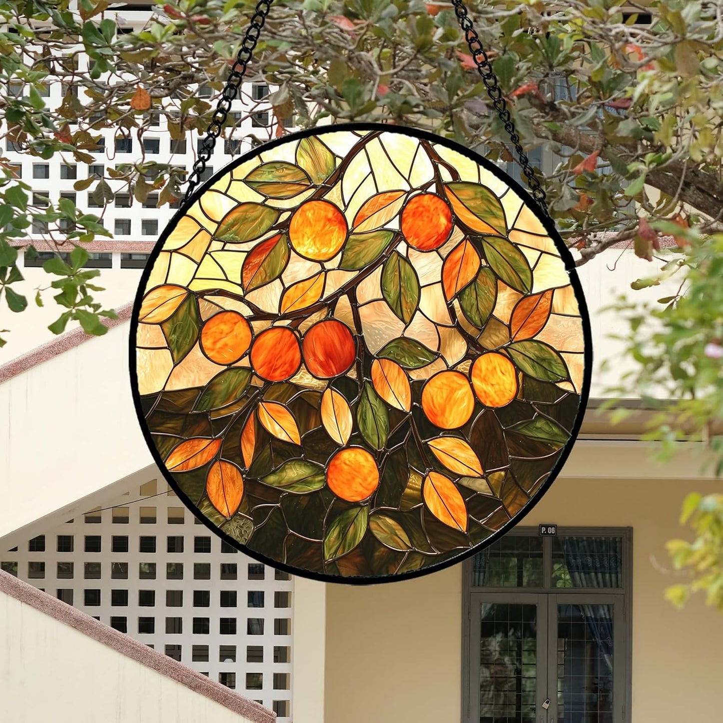Stained Glass Suncatcher, Orange Green Fruit Tree Sun Catcher Landscape Stain Glass Window Hanging Decoration Mother's Day Birthday Gifts for Women Men Mom Nana 11.8 in