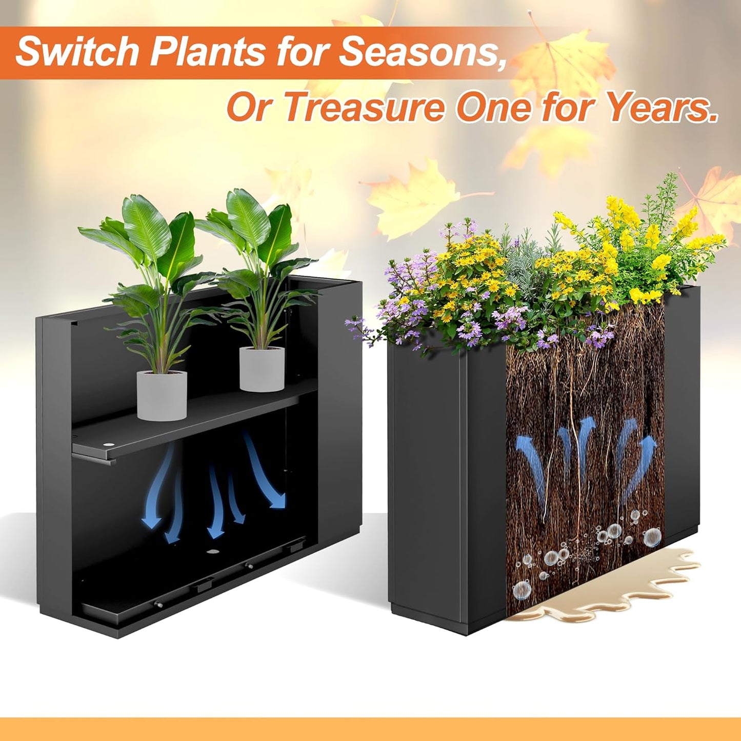 Metal Rectangular Planter for Outdoor Plants, Coated Large Planter Box with Drainage, Outdoor Patio PLanters with Sturdy Thickened Divider for Yard, Garden