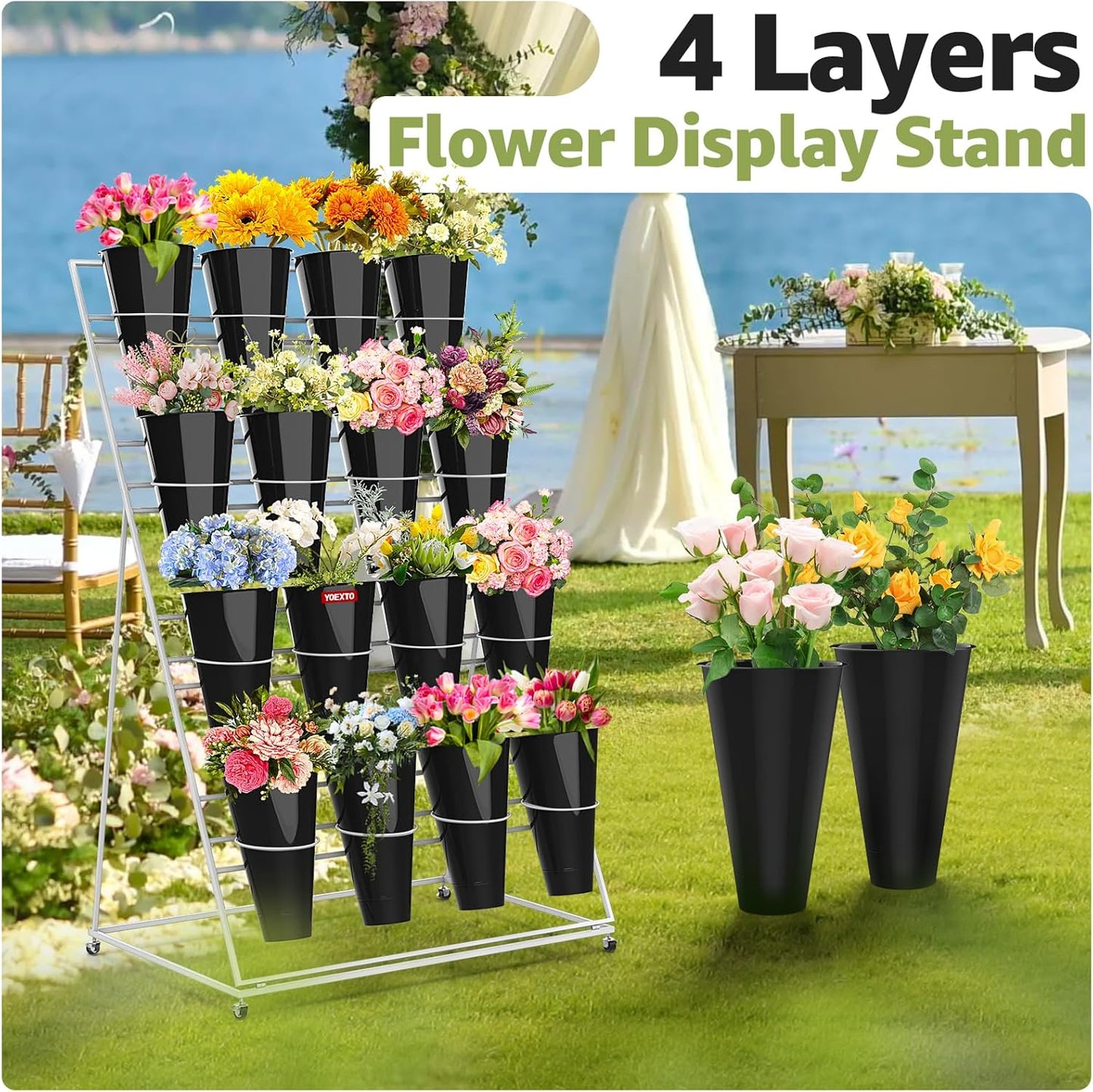 Flower Display Stand 4 Layers with 16 PCS Round Buckets, Plant Stand with Wheels, Movable Metal Plant Stand for Terrace Garden, Florist Shop
