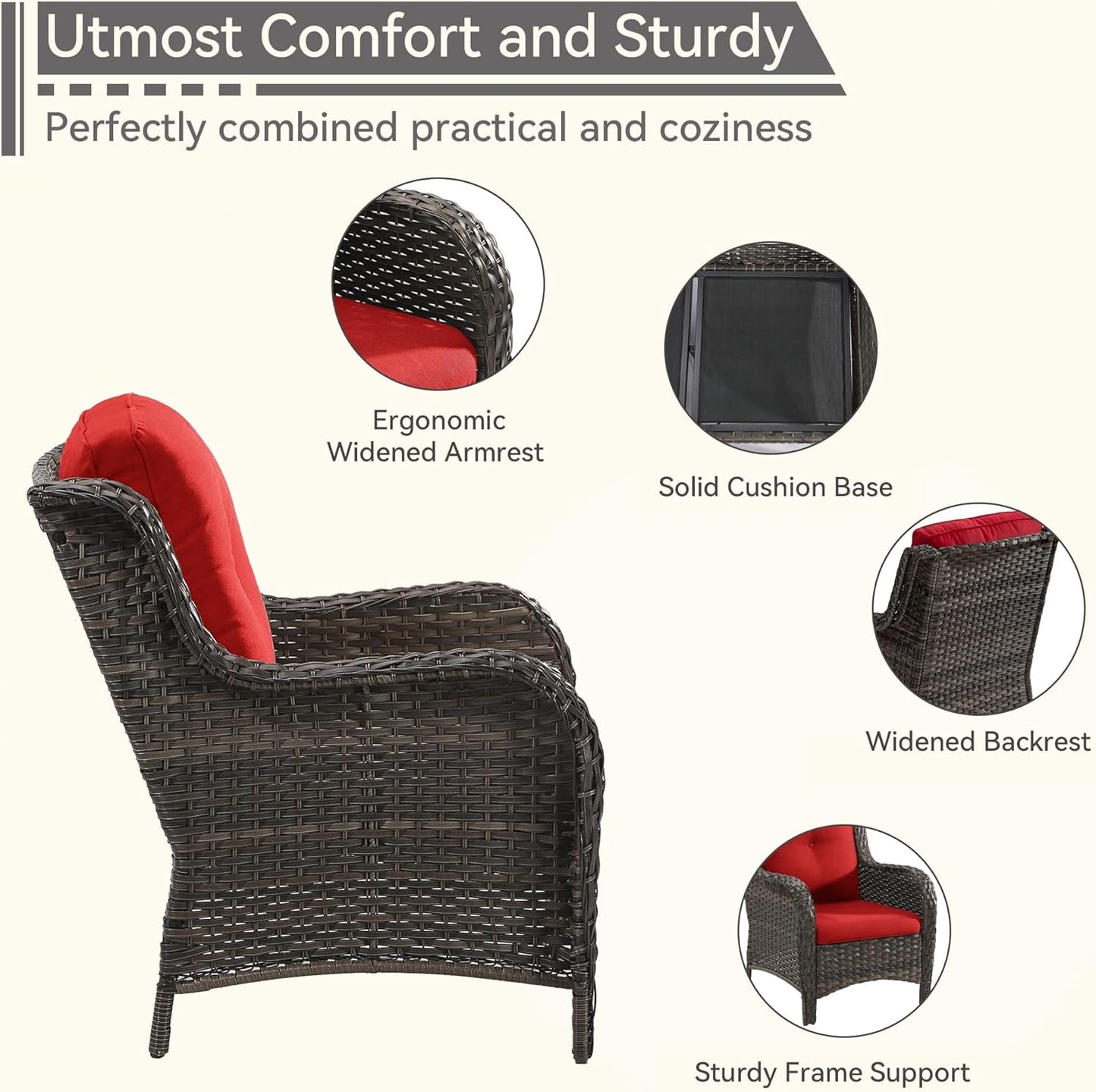 Patio Conversation Set 5-PCS Wicker Outdoor Furniture Conversation Set with 3-Seat Sofa, 2 Armchair, 2 Ottoman Patio Rattan Wicker Sectional Sofa Set with Olefin Cushion, Red