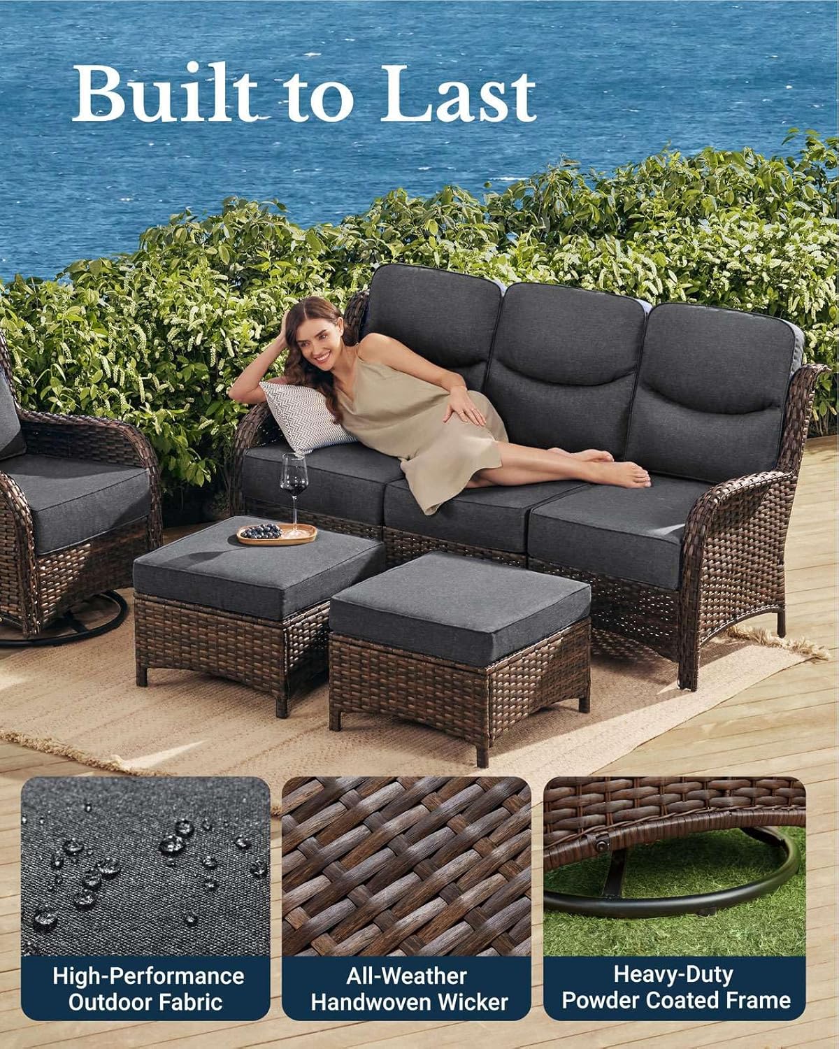 HILLGA Luxury Patio Furniture Set with 6-Inch Thick Cushions, High Back Outdoor Swivel Rocker Chairs and Patio Couch, 11-Piece All Weather Conversation Set for Porch Deck Pool Yard, Dark Grey (V3)