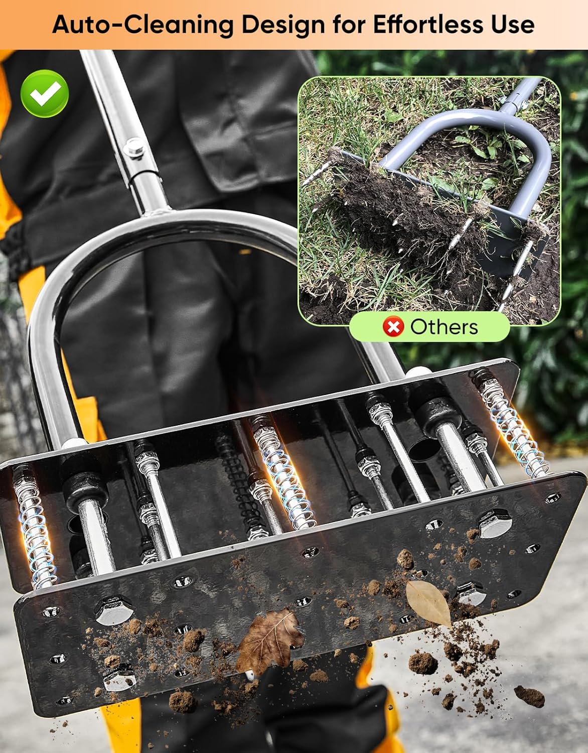 Lawn Aerator Tool, Manual Metal Spike Aerator Lawn Tool with Spring Base, Automatic Leaf and Dirt Cleaning, Grass Aerator for Lawn Care, Soil Loosening, Yard Aerating, Garden Tool