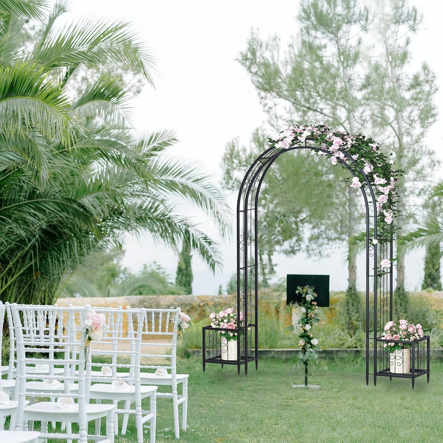 88in Steel Garden Arch Arbor Trellis with Planter Boxes for Climbing Plants Outdoor, Yard, Wide Sturdy Durable Garden Arch for Lawn,Outdoor Wedding Arch(Black)