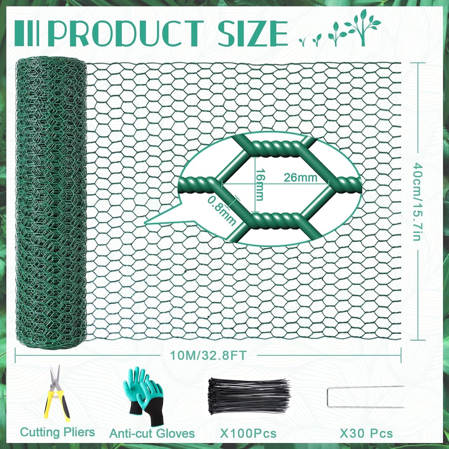 32.8ftx16In Plant Protectors from Animals,Plant Cages for Outdoor Plants,Wire Plant Protector Cage,Wire Plant Protector,Chicken Wire Cloche with Ground Stakes & Nylon Ties Protect Plants from Animals