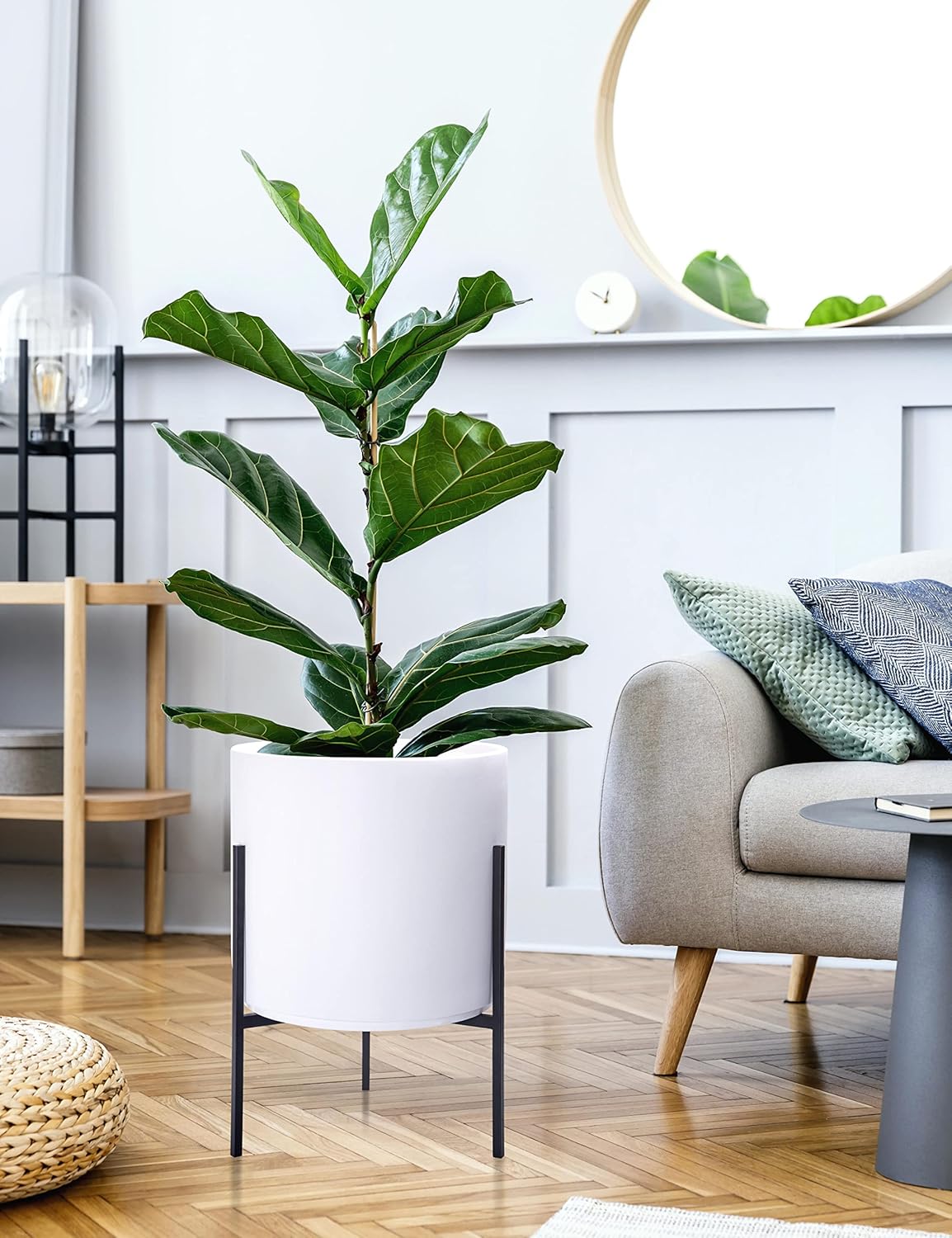 D'vine Dev Modern White Plants Pot Cylinder Planter with Heavy Duty Stand, X-Large 14 Inch Pot, 21 Inch with Stand Height, 96-T-A-4