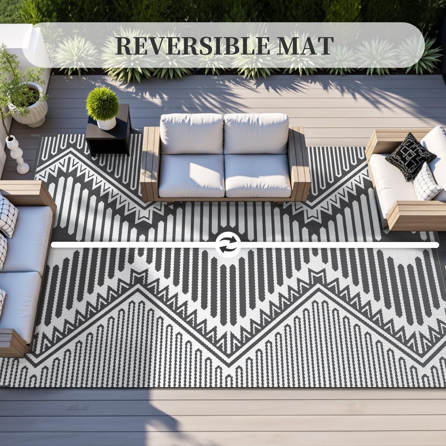 MontVoo Outdoor Rug 9x12 Waterproof Patio Rug-Outdoor Carpet Mat Reversible Plastic Straw Outside Outdoor Rug for RV Camping Picnic Beach Balcony Backyard Pool Deck Porch Modern Boho Grey