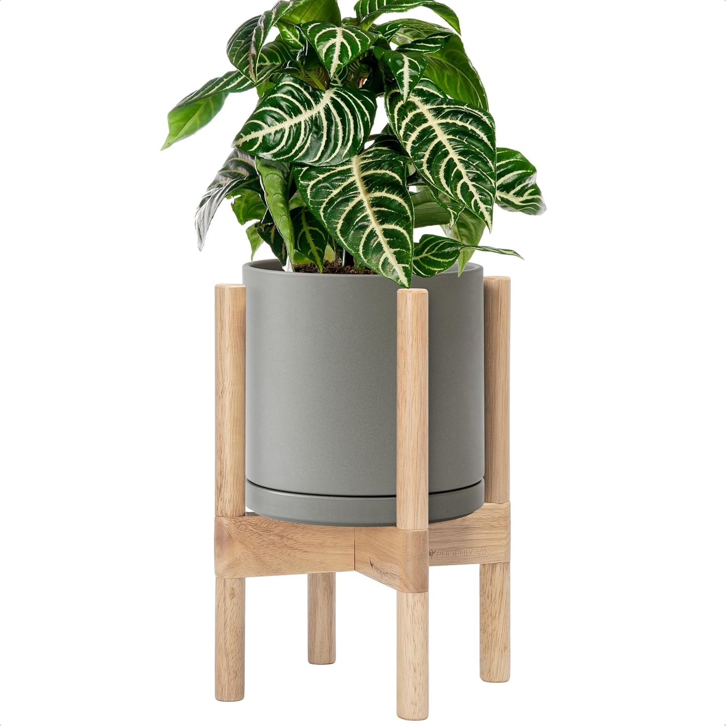 D'vine Dev Ceramic Planter with Natural Stand - 8 Inch Modern Round Flower Pot with Wood Planter Holder, Grey, 55-B-N-3