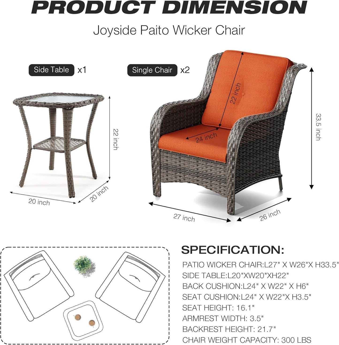 Joyside Patio Bistro Set Wicker Chairs - 3 Piece Outdoor Rattan Conversation Set with 2 Armrest Chair and 1 Side Table for Proch Deck Garden Backyard Balcony(Mixed Grey/Orange)