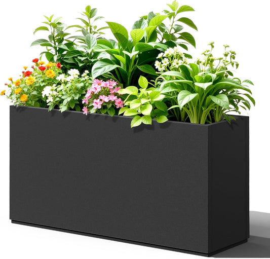 Rectangle Planter for Indoor & Outdoor, Tall and Long Planter Boxes with Drainage Holes, Mental Planter Box All-Weather Use for Plants, Flowers, 32" L x 10" W x 16.3" H, Black