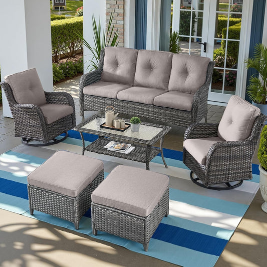 Outdoor Wicker Patio Furniture Set - 6 Piece Rattan Patio Conversation Set with 2 Rocking Swivel Chairs,2 Ottomans,1 Sofa and 1 Coffee Table for Porch Deck Backyard Garden(Mixed Grey/Grey)