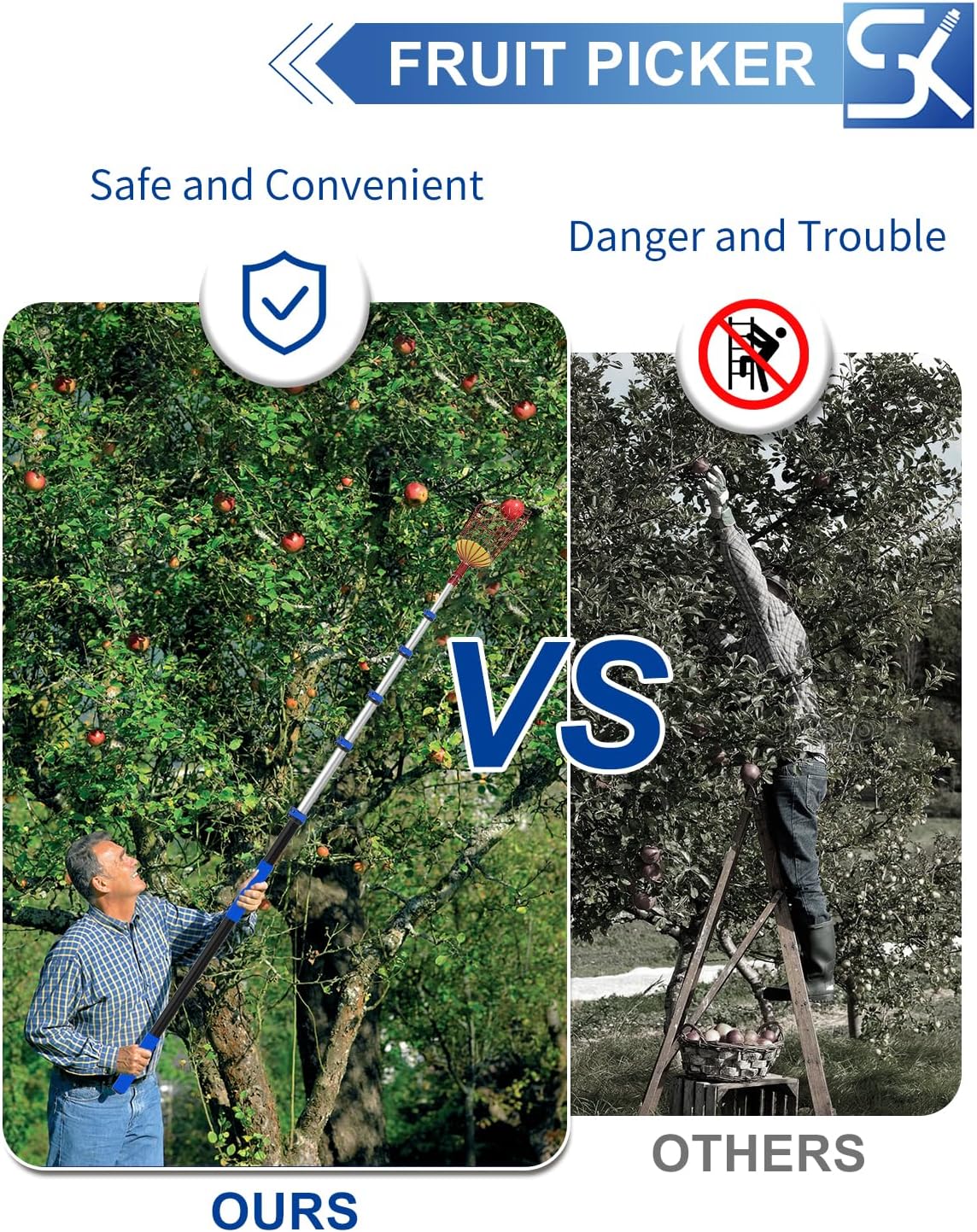 30FT Reach Fruit Picker, 5-24 Foot Sturdy Aluminum Telescoping Fruit Picker Extension Pole with Metal Twist-on Basket, Suit for Apple Pear Lemon Mango Guava Orange Avocados Tree Fruit Picking