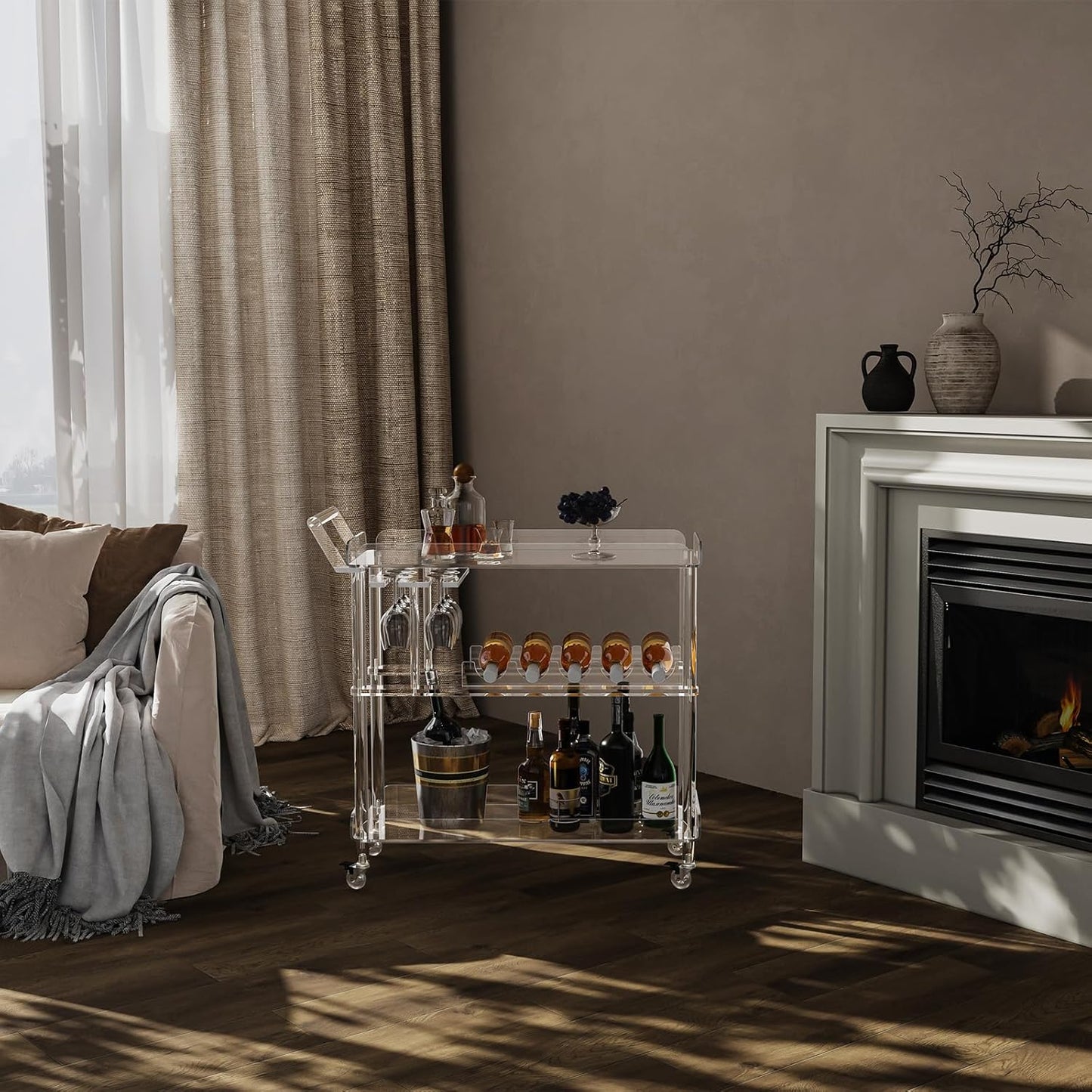 HMYHUM Acrylic Bar Cart with 4 Lockable Wheels, Clear Serving Cart with Wine Rack and Glass Holder, Rolling Beverage Cart for Home, Kitchen, Dinning Room, 33.7" L x 13" W x 34.8" H