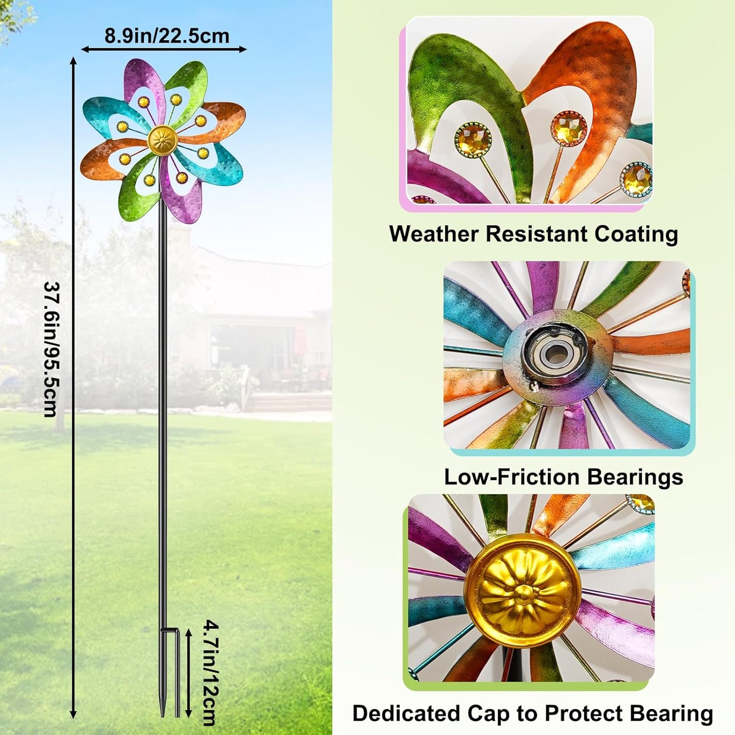 Metal Wind Spinners Outdoor, 360° Wind Sculpture Spinner with Metal Stake, Waterproof Spinners Green Kinetic Wind Spinner for Yard Lawn Decor (A- Colourful 2PC)