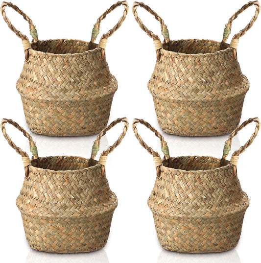 Qunclay 4 Pcs Woven Seagrass Baskets Belly Basket Folding Boho Natural Plant Pot with Handles Round Decorative Wicker Large Indoor Planter for Home Outdoor Tree Planters Decor (6.3 x 5.9 Inch)