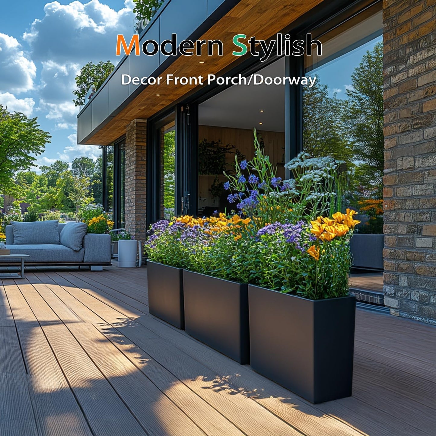 Rectangular Planter Box for Outdoor Plants, Large Tall Resin Garden Pots for Front Porch, Patio, Indoor (Black, 25 x 21 inch)