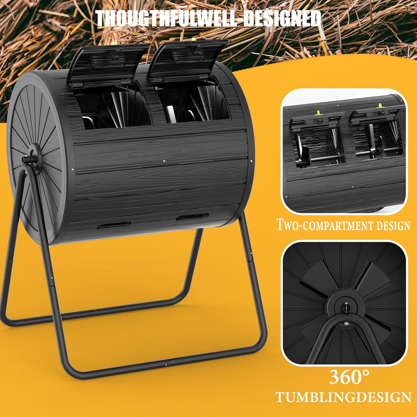Dual-Chamber Outdoor Compost Tumbler, 37.5-Gallon Efficient Rotating Composter, UV-Resistant and Weatherproof, for Garden, Kitchen, and Yard (Black)