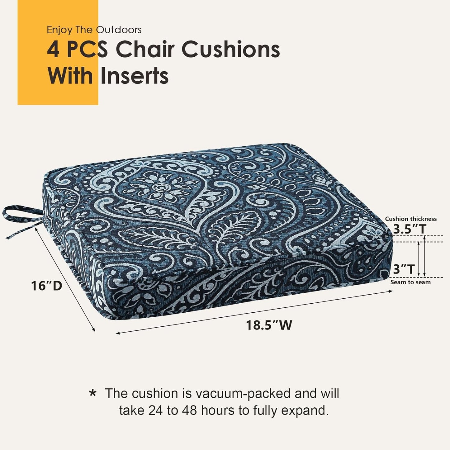 Outdoor Square Corner Seat Cushion, 18.5"x16"x3", Set of 4, Non Slip Seat Cushion Pads with Removable Cover for Patio Furniture, Garden Yard Lawn, Damask Vine