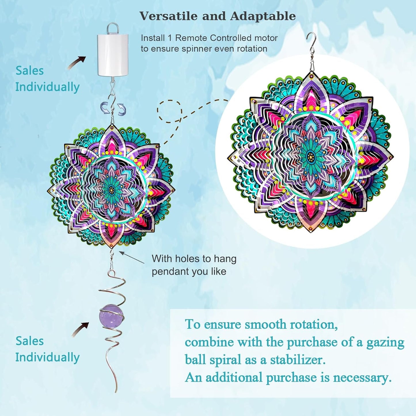 Goolyrusim Wind Spinner Mandala Jasmine, 12Inch Laser Cut Stainless Steel Wind Spinners, 3D Hanging Wind Sculptures for Yard and Garden Decoration Outdoor Decor Ornament, Mandala Gifts for Women Men