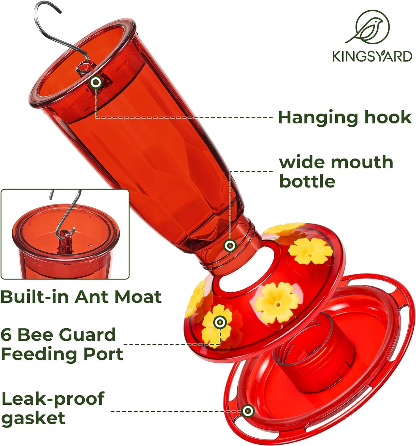 Kingsyard 2 Pack Hummingbird Feeder for Outdoors Hanging - 6 Bee Guard Feeding Ports & Built-in Ant Moat, Wild Bird Feeder for Outside Garden Yard Patio 16 Oz, Red