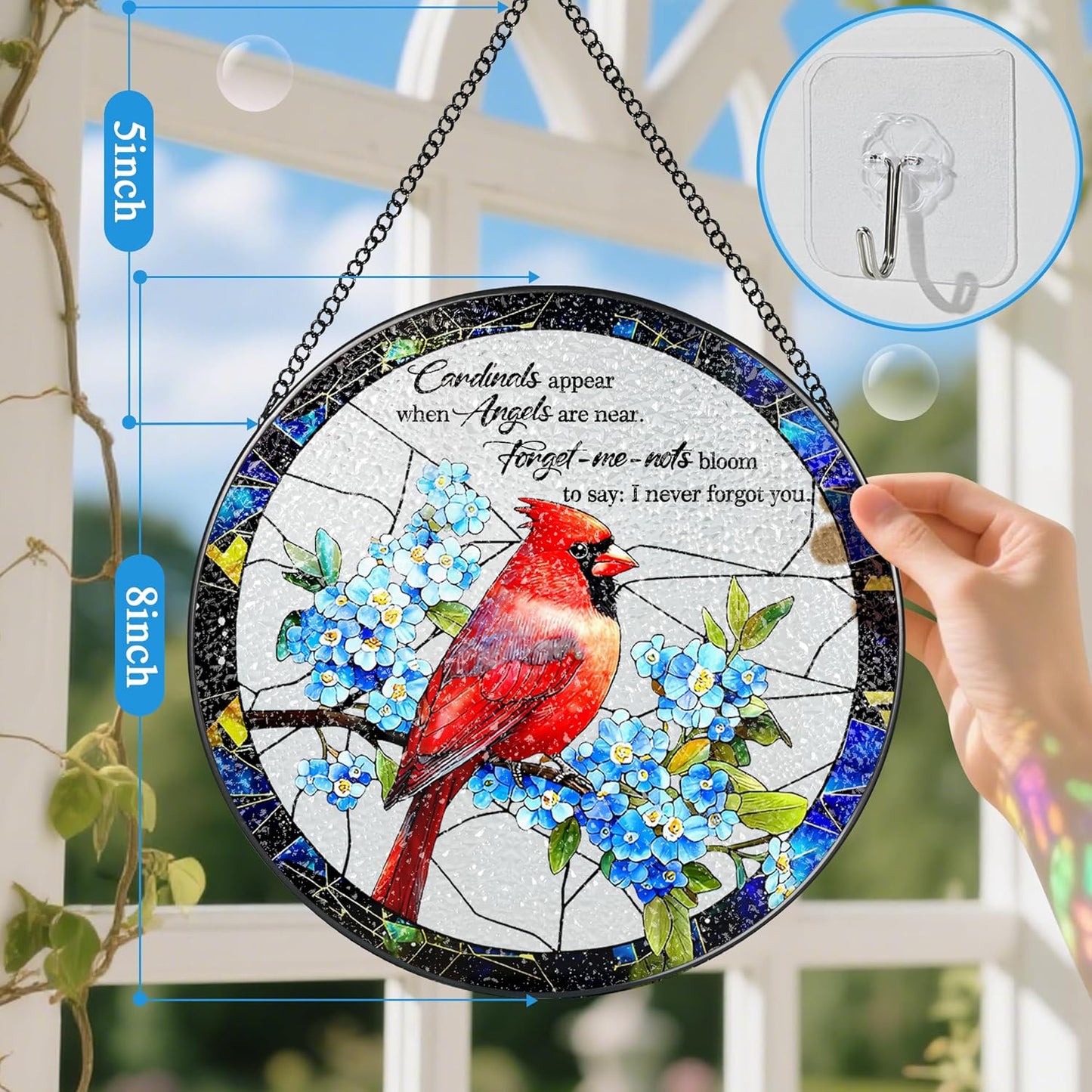 Cardinal Stained Glass Window Hanging, 8 Inch Sun Catchers Indoor Window, Suncatchers for Windows Hanging, Home Decor and Memorial Gift, Sympathy Gift, Cardinal Gifts, in Memory of Loved One Gifts