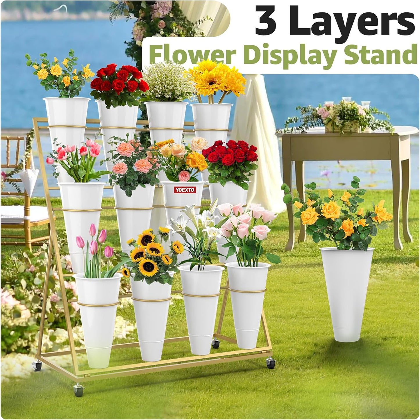Flower Display Stand 3 Layers with 12 PCS Round Buckets, Plant Stand with Wheels, Movable Metal Plant Stand for Terrace Garden, Florist Shop (Gold Frame, White Buckets, 3-Tier, 12 Buckets)