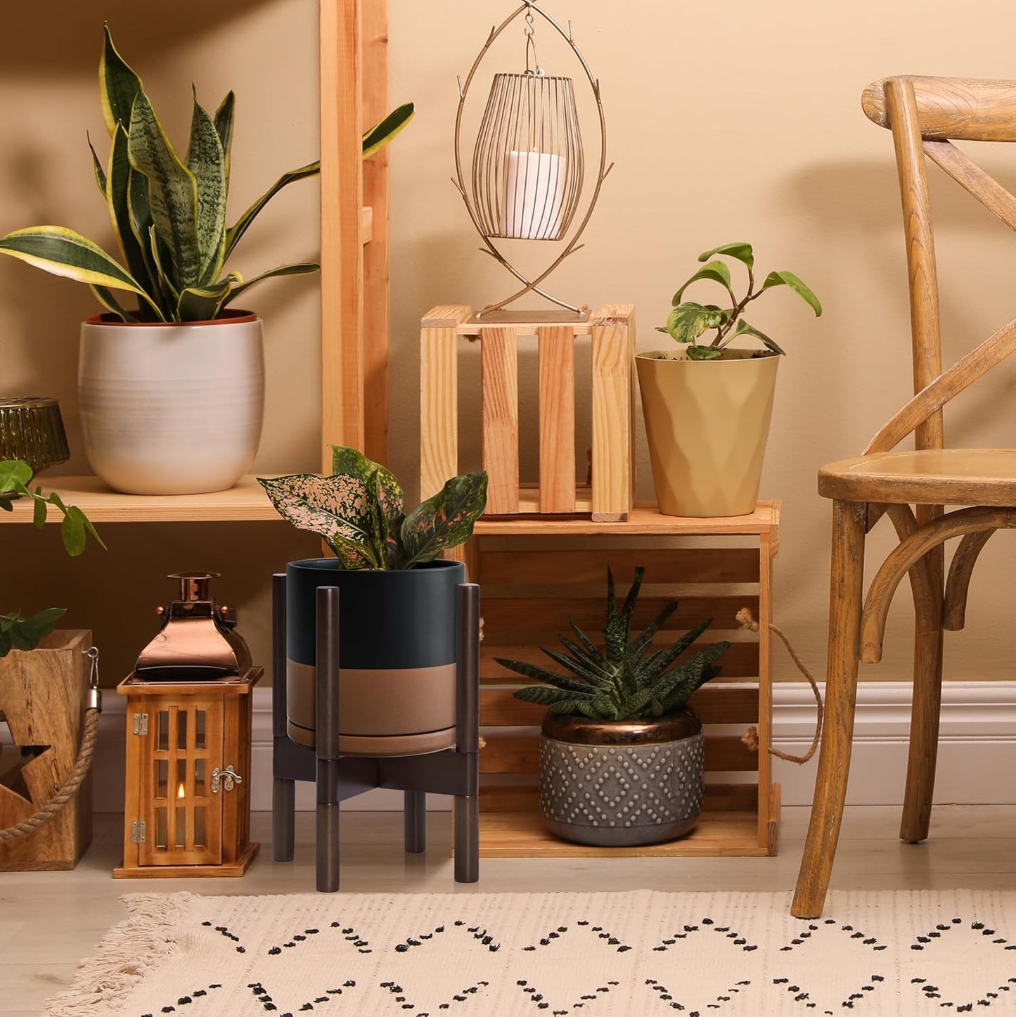 D'vine Dev Ceramic Planter with Walnut Color Stand - 8 Inch Modern Round Flower Pot with Wood Planter Holder, Black/Speckled Tan, 55-B-Y-7