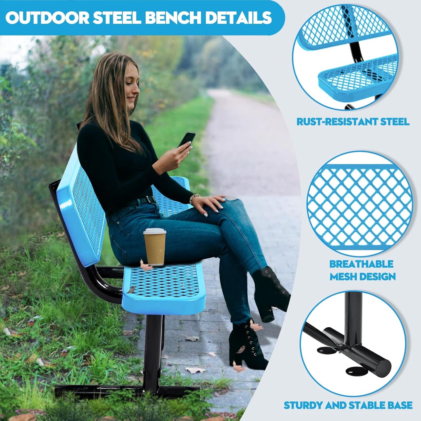 4Ft Outdoor Bench with Blue Portable Frame, Outdoor Steel Park Bench with Backrest, Expanded Metal Mesh Bench for Outside, Lawn, Backyard, Park, Deck, Garden, Patio, Porch, Blue