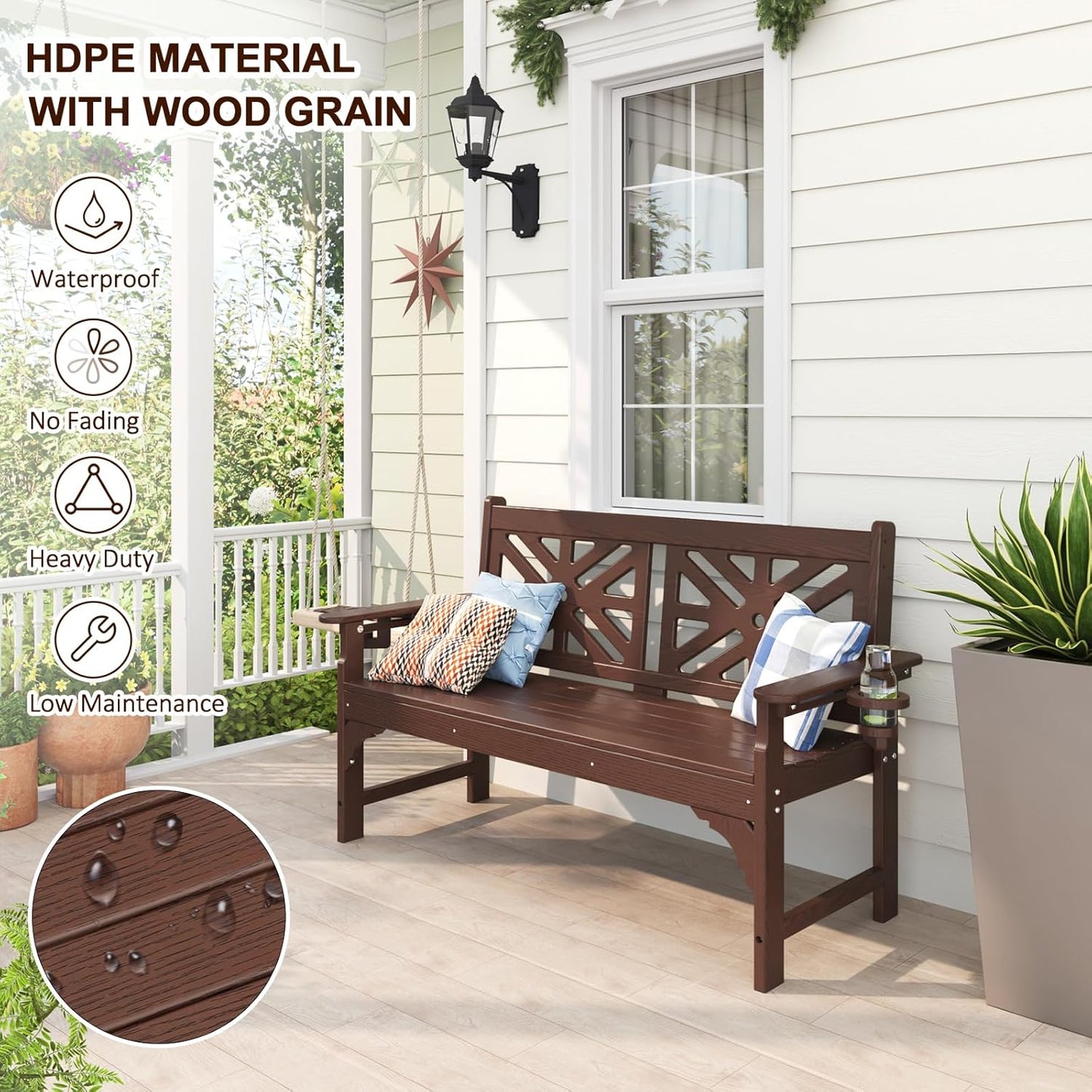 nalone Outdoor Bench with Cup Holders, HDPE All Weather Porch Bench Load up to 800 Lbs, 2-Person Garden Benches Rot-Proof Fade Proof for Patio, Porch, and Park (Brown)
