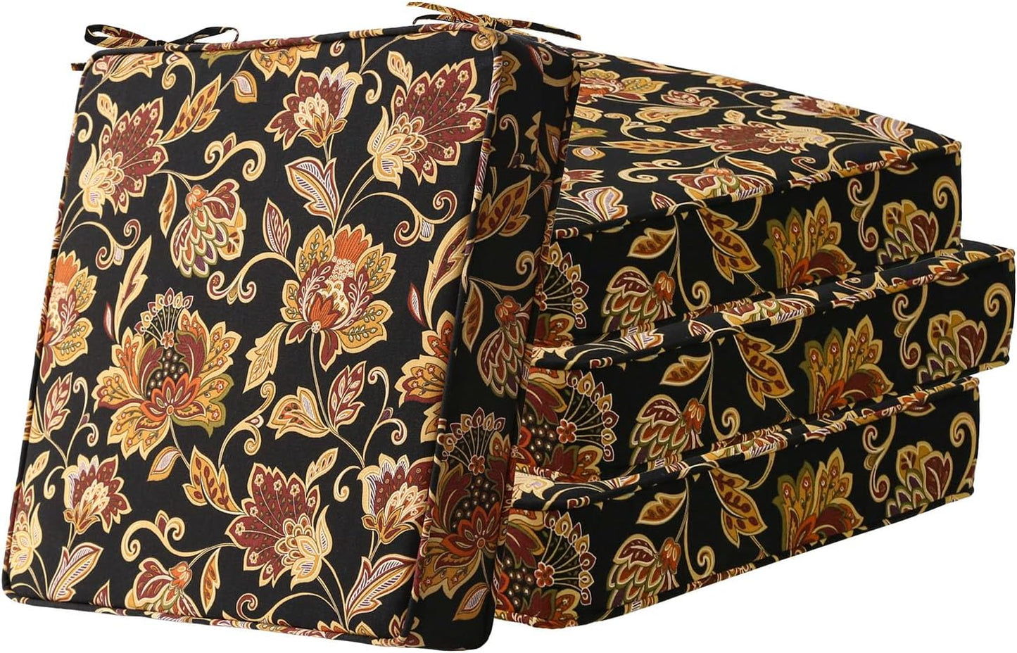 Square Corner Seat Cushions, 19" x 19" x 3", Set of 4, Indoor Outdoor Water Repellent Universal Chair Pads with Ties for Patio Furniture, Garden Deck Dining Chairs, Red Yellow Vine Flower