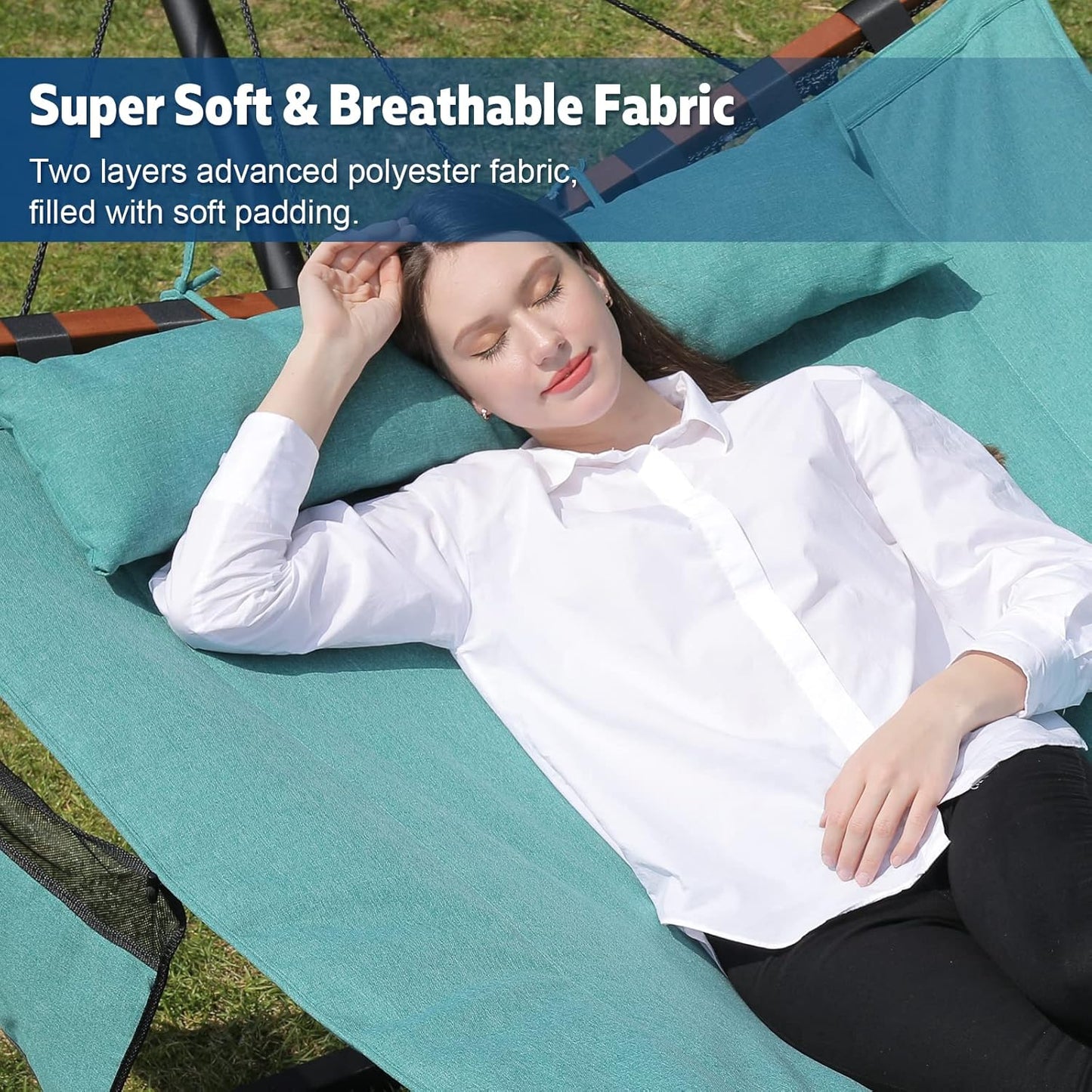 TegerDeger 12FT 2 Person Hammock Large Hammock 450LB Capacity with V Shaped Hardwood Spreader Bar & Nylon Rope for Outside, Patio, Garden, Backyard, Beach, Poolside - Lake Blue