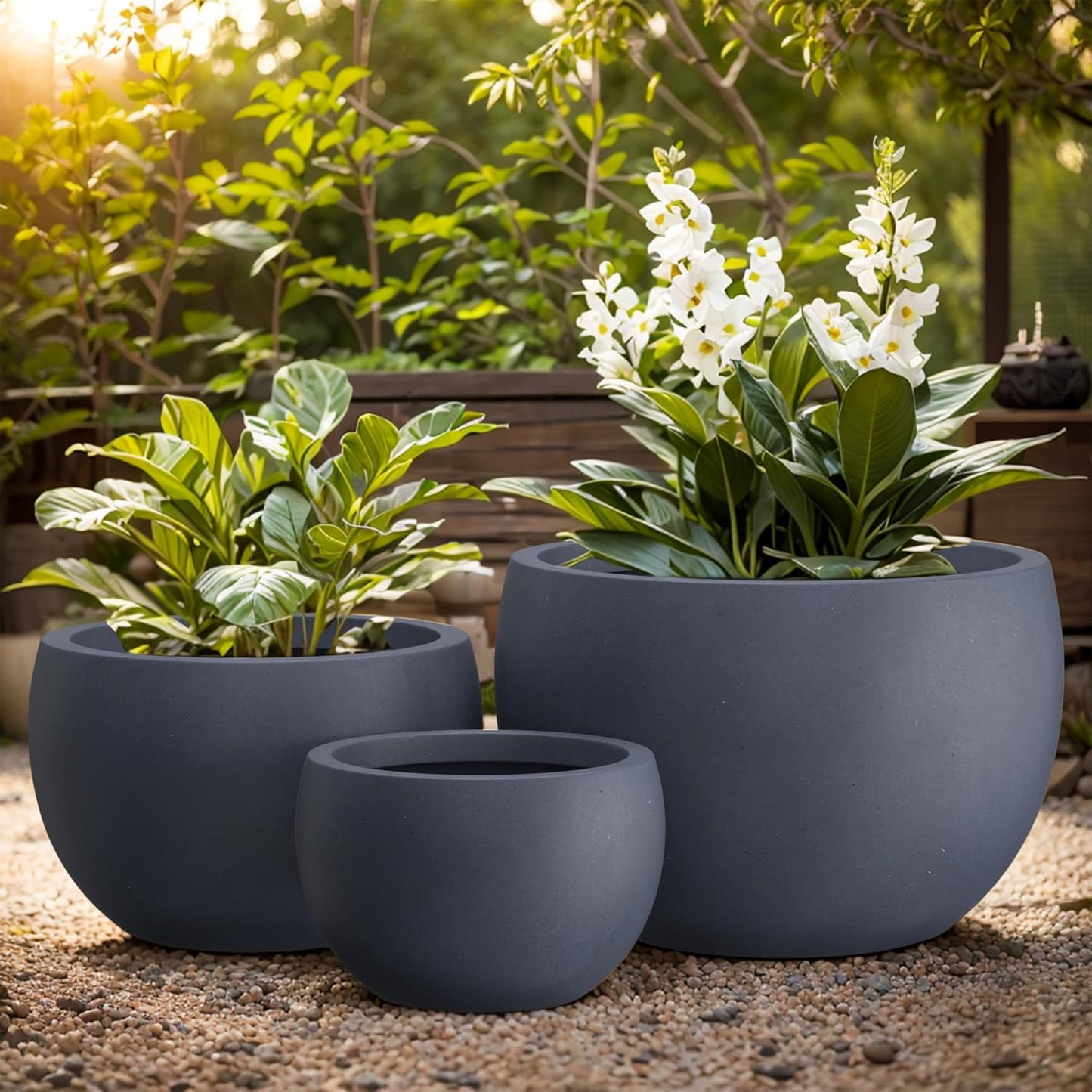 Kante 19.9",15.7",11.8" Dia Round Concrete Planter Set of 3, Outdoor/Indoor Large Bowl Plant Pots with Drainage Hole and Rubber Plug for Garden Patio Balcony Home, Dark Gray