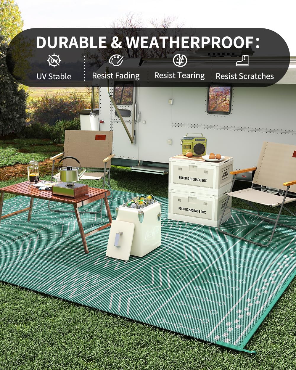 Outdoor Rug Carpet Waterproof 6x9 ft Patio Rug Mat Indoor Outdoor Area Rug for RV Camping Picnic Reversible Lightweight Plastic Straw Outside Rug for Patio Decor Decoration Boho Rug Turquoise White