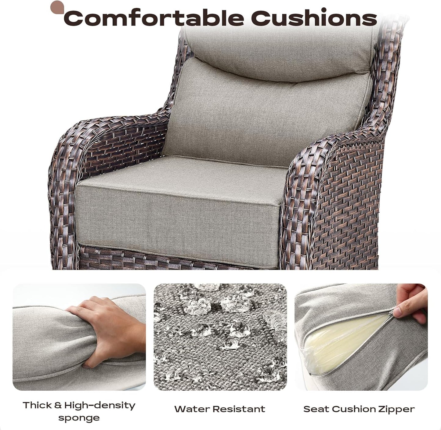 6 Piece Outdoor Patio Swivel Rocker Chairs, Waterproof Wicker, High Back, Deep Seating, Wide Armrest, Upgraded 6 inch Thick Cushions, Side Table, Ideal for Deck Porch Yard, Brown/Beige