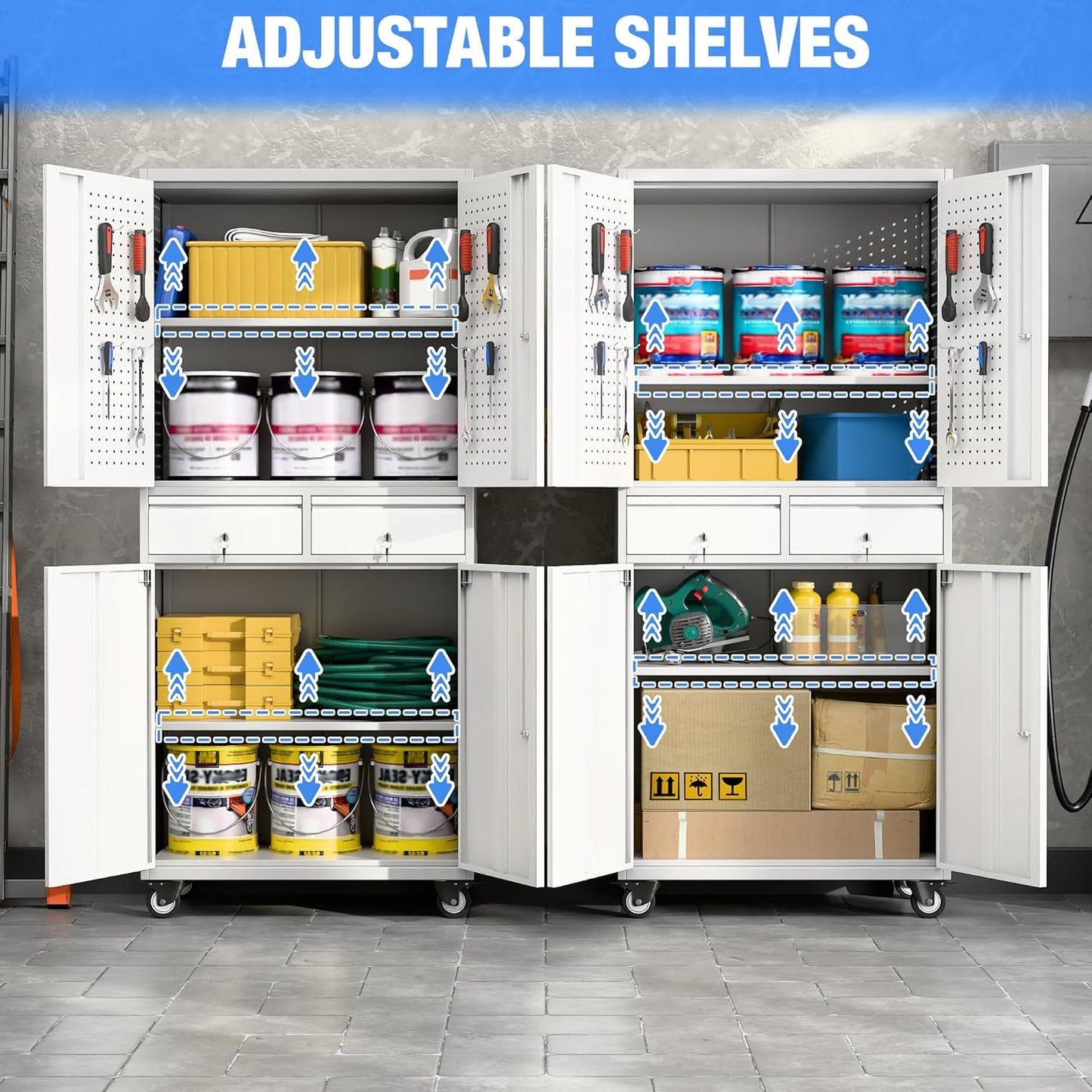 Garage Storage Cabinet with Wheels, Metal Storage Cabinet with 2 Drawers and 2 Adjustable Shelves, Metal Lockers with Pegboards for Homes, Offices, Kitchens, and Pantries, Gray and White