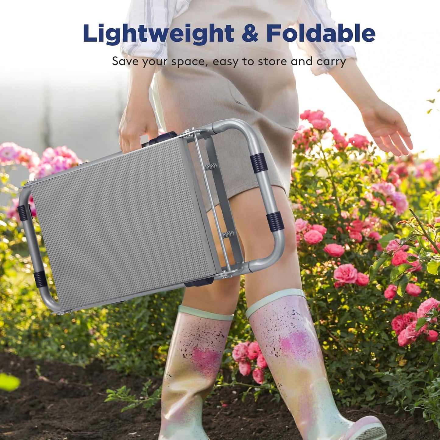 Foldable Garden Kneeler and Seat, Heavy Duty Garden Stool with 10" Wide Detachable Kneeling Pad, Portable Garden Bench Chair with Large Garden Tool Bag, Gardening Gifts for Women, Seniors, Mom