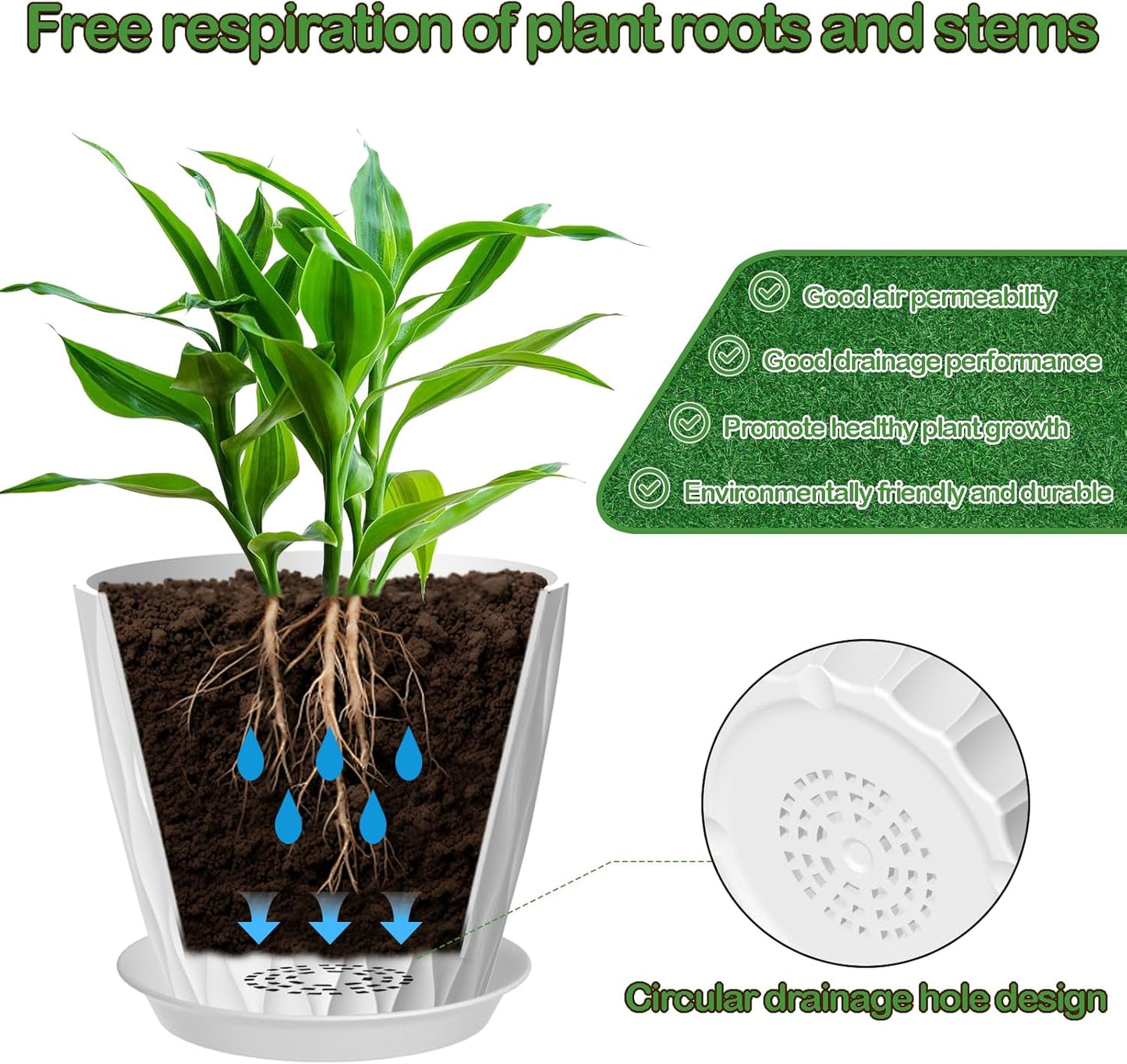 7 Inch Plant Pots 5 Pack, Plastic Flower Pots with Drainage Holes Saucers, Indoor Outdoor Planters for Plants, Lightweight Durable,White