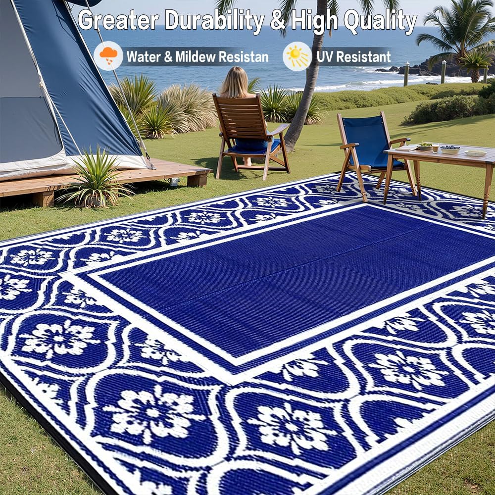 Outdoor Rug 8x10 Patio Waterproof Mat Camping Carpet Outside Area Rug Reversible Light Blue Rugs for RV Deck Entryance Porch Picnic Balcony Beach